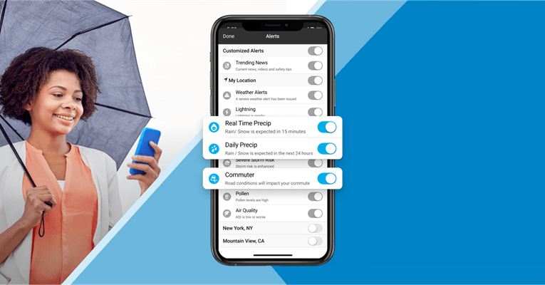 Real-Time Precip Alerts, Daily Precip Alerts, Commuter Alerts