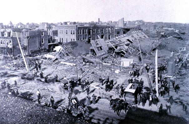 Tornado damage at Jefferson and Allen Ave in the City of St. Louis from 27 May 1896. (Credit: NOAA, photograph by J. C. Strauss)