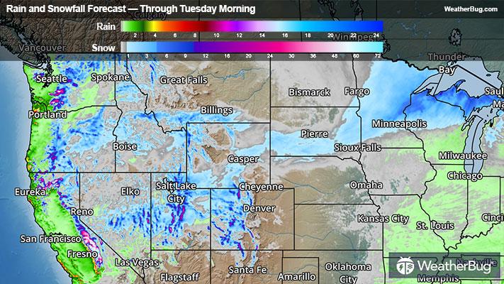 Rain and Snowfall Forecast Through Tuesday Morning