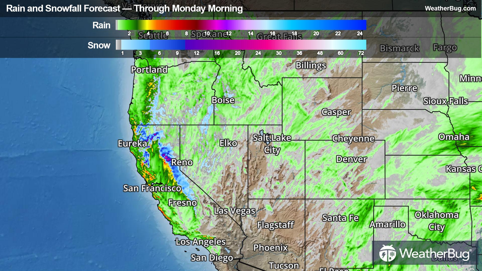 Rain and snow forecast through Monday morning