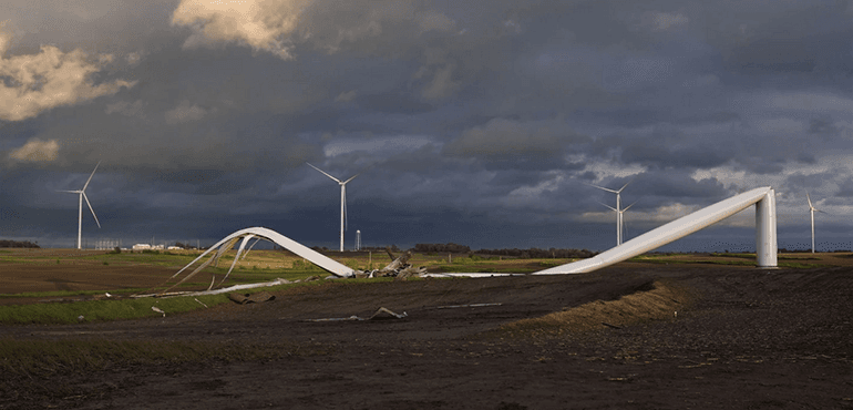 The remains of a tornado-damage wind turbine near Prescott, Iowa. May 21, 2024. (AP Photo/Charlie Neibergall)