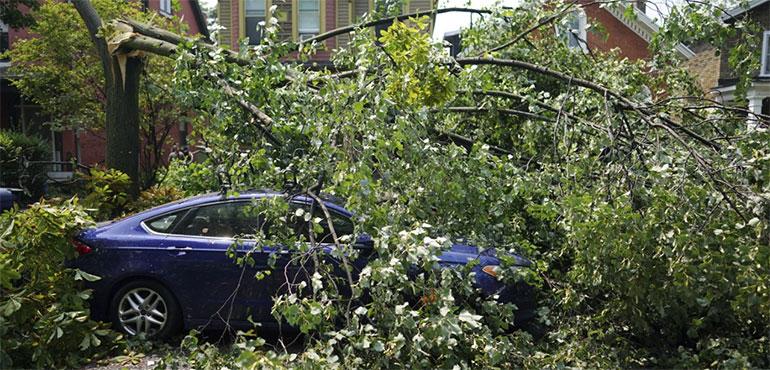 The aftermath of a sudden storm on Prospect Avenue in Buffalo, N.Y., Monday, Aug. 5, 2024. (Derek Gee/The Buffalo News via AP)