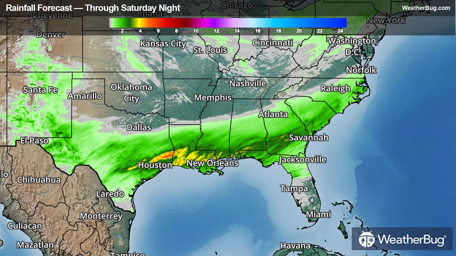 Rainfall forecast through Saturday Night