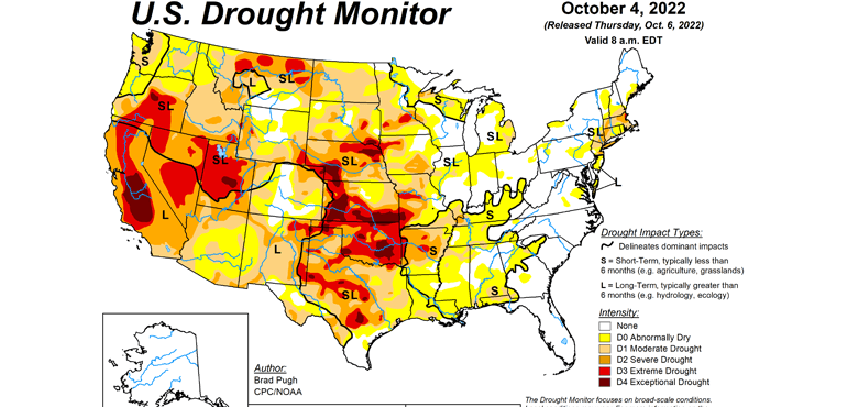 The U.S. Drought Monitor showing widespread drought conditions in the western and central U.S. on October 4, 2022