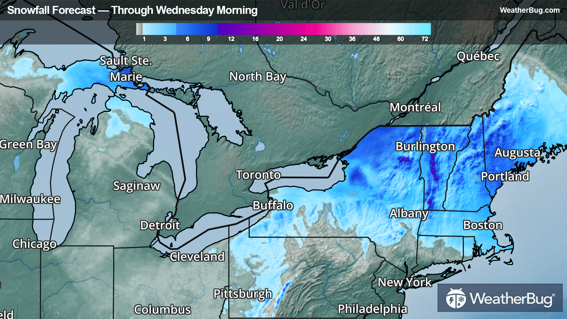 Snowfall forecast through Wednesday morning